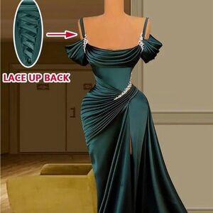 Mermaid Dress with Slit Satin Long Spaghetti Strap Beaded Formal Evening Gown